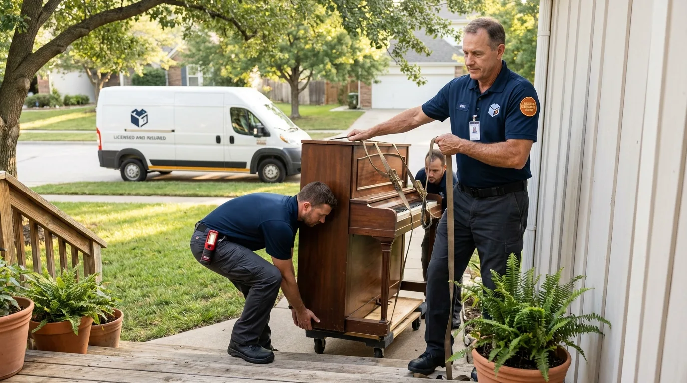 Licensed piano movers securing grand piano in Milton, VT